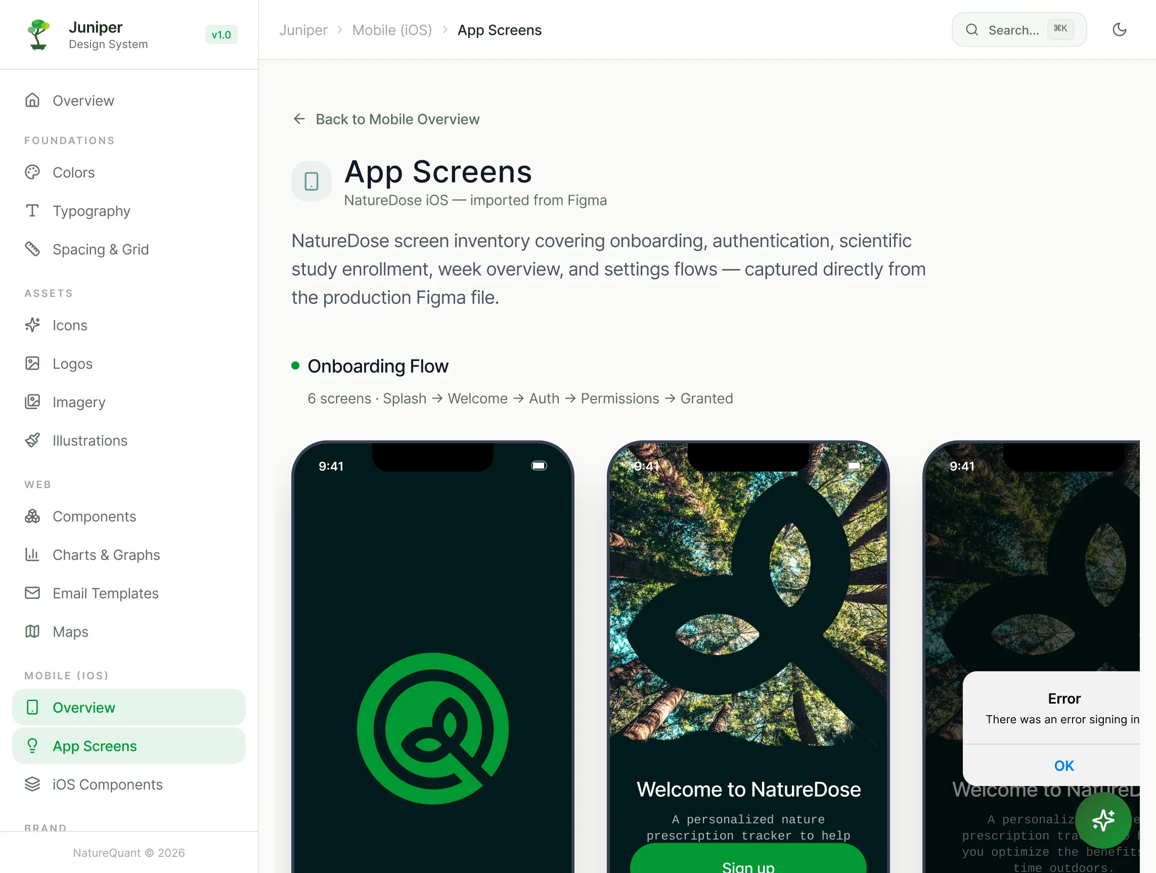 Juniper Design System app screens